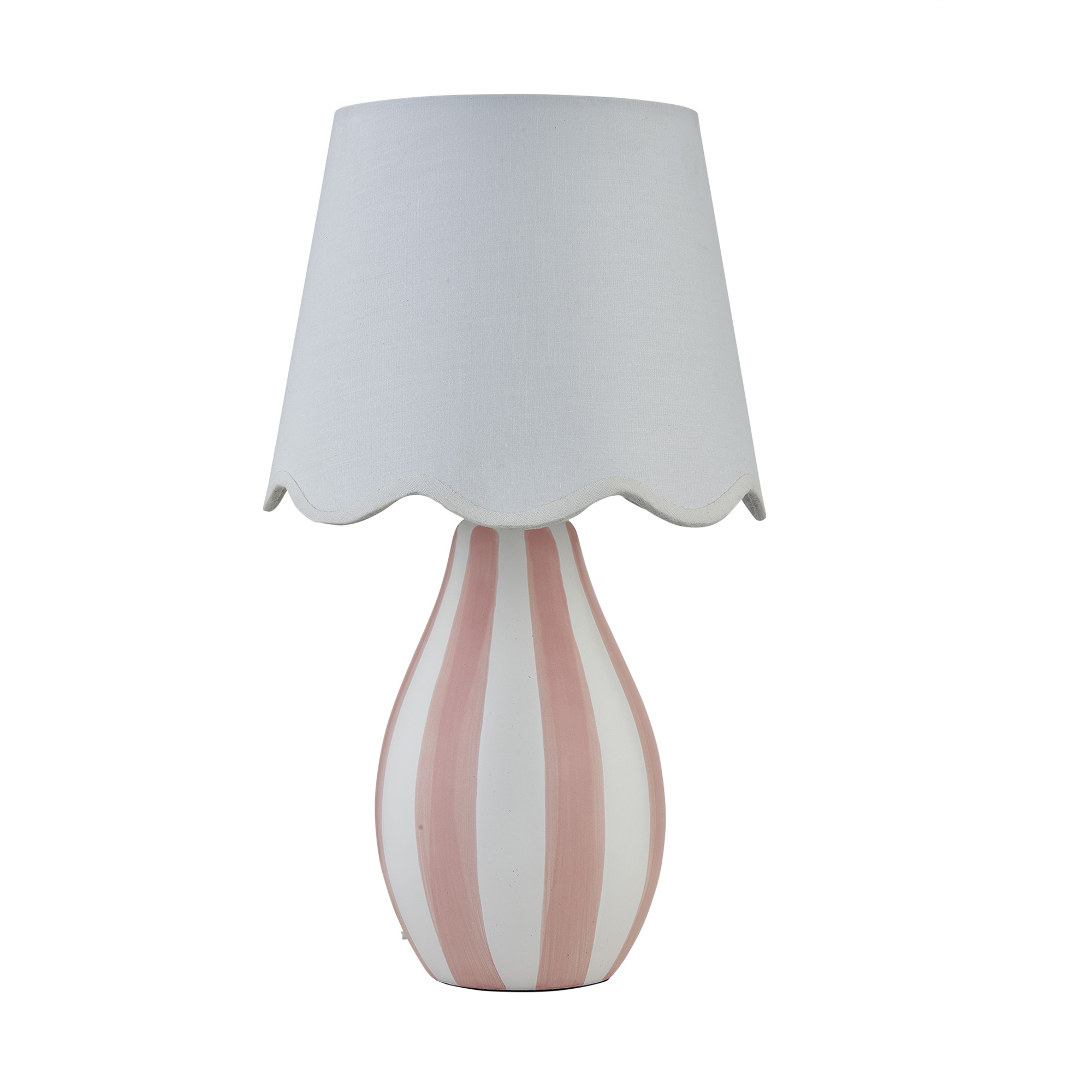 First Choice Lighting Connie - Pink & White Stripe Ceramic Table Lamp with Scalloped Shade