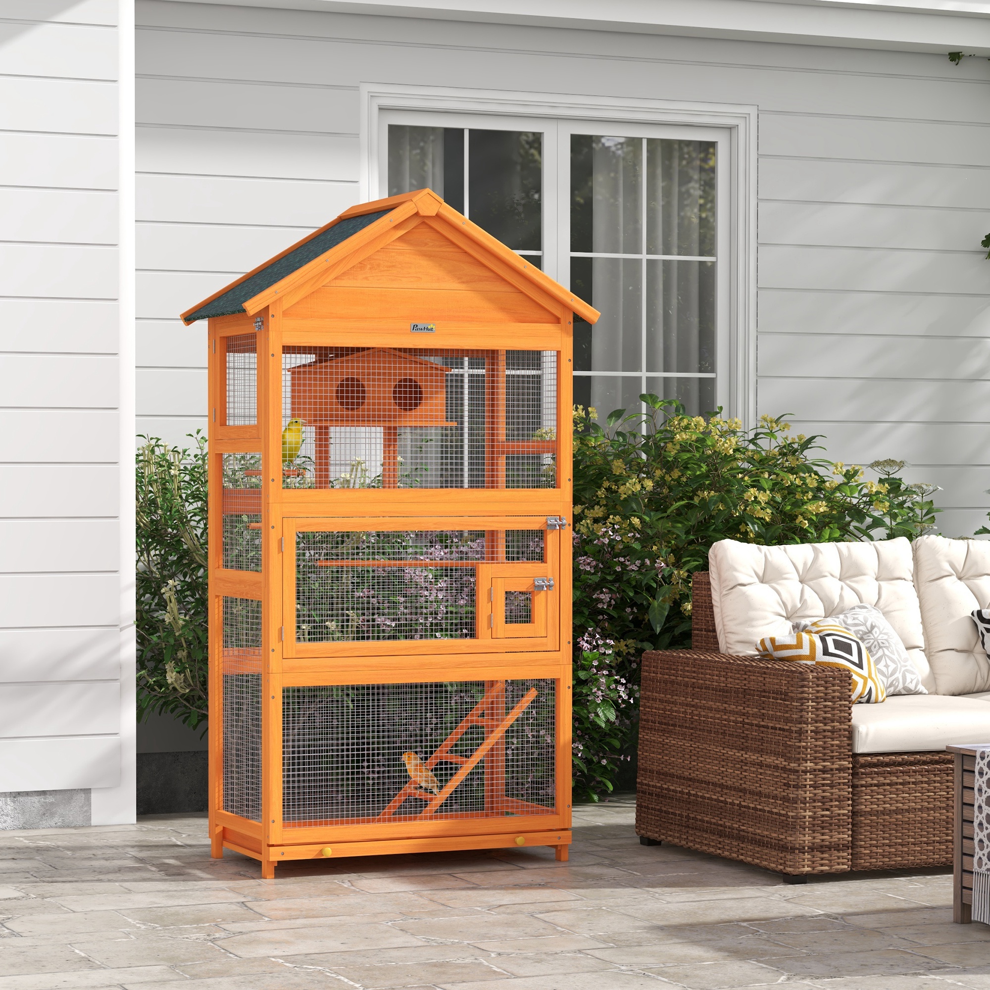 Image of Wooden Bird Cage From Pawhut, Parrot Cage, Play Area, Outdoor Bird Aviary, Waterproof Asphalt Roof, For Parakeet, Cockatiel, Conure, , 92 X 52 X 171 Cm, Orange
