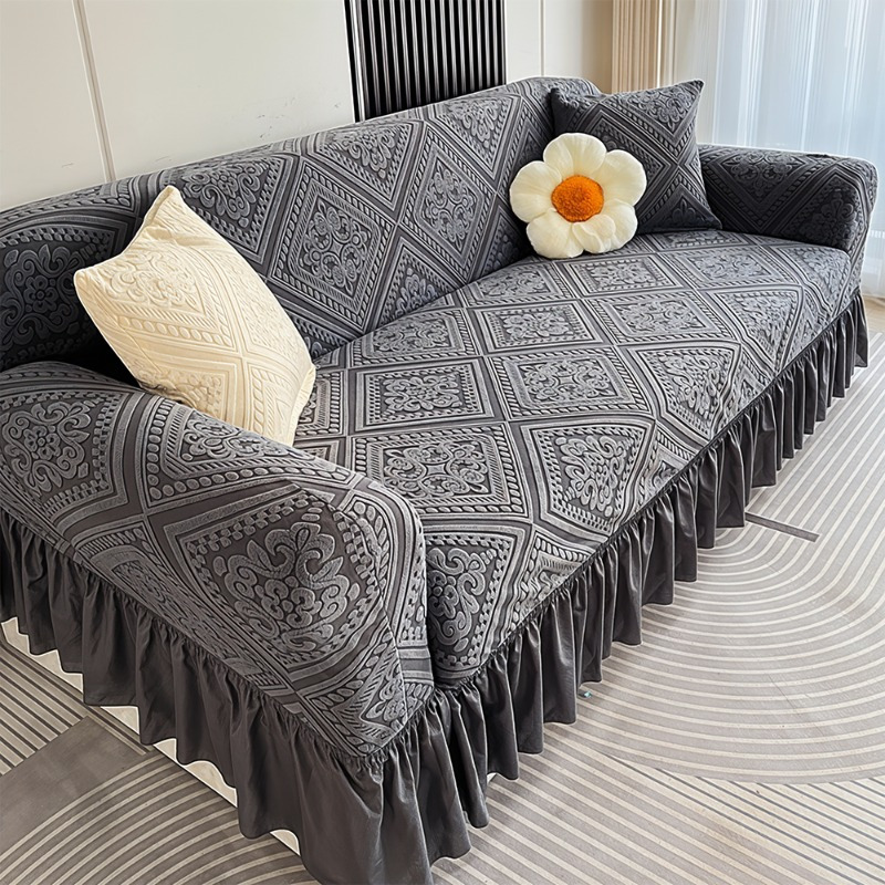 TEMU 1pc, High Stretch Velvet Couch Cover, Anti-slip Anti-scratch Washable With Skirt Sofa Protector, Pet-friendly Full-cover Furniture Protective
