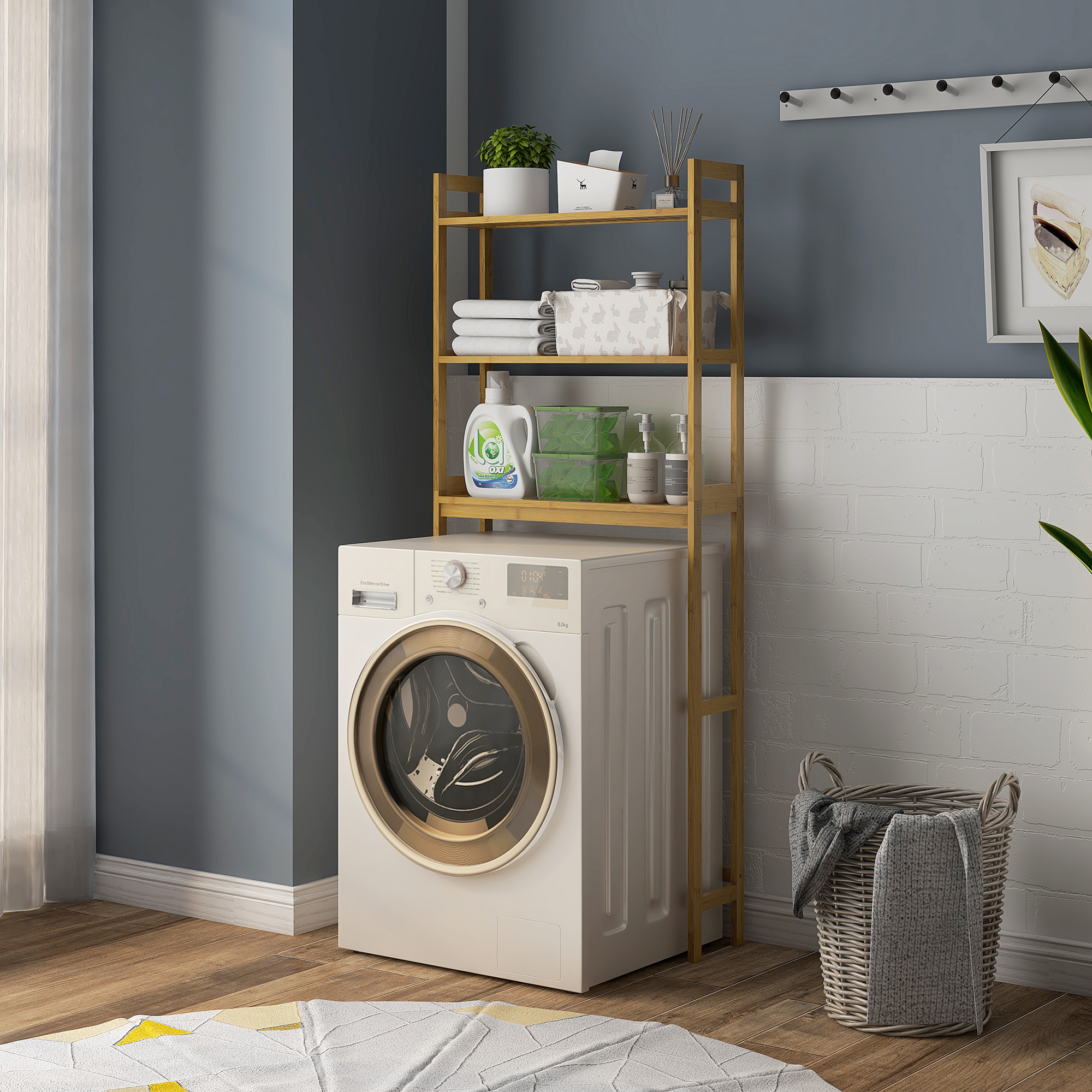 Image of 3-tier Bathroom Shelf Made Of Bamboo Multifunctional Toilet Shelf Washing Machine Shelf, For Bathroom, Toilet, Laundry Room, Natural