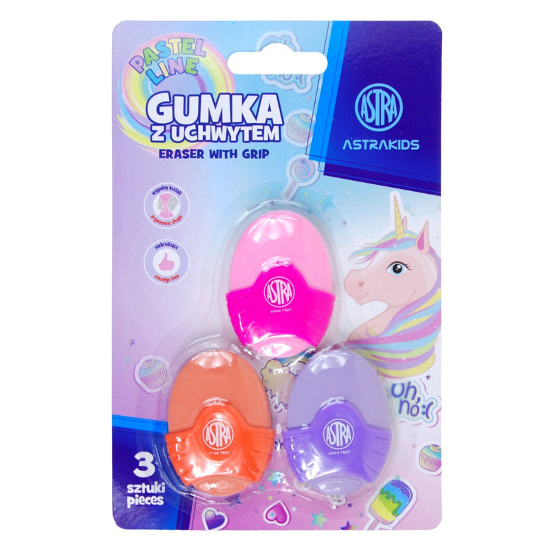 Oval Eraser With Grip, 3-piece Set, Unicorn, Pastel Line