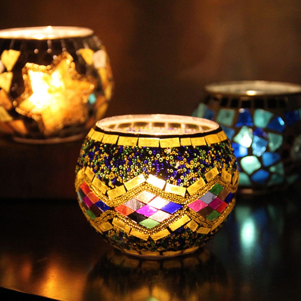 TEMU 3pcs Mosaic Glass Tea Light Holders Romantic Tealight Votive Candle Stand Round Handmade Candlesticks Vase For Table Centerpieces, Christmas,