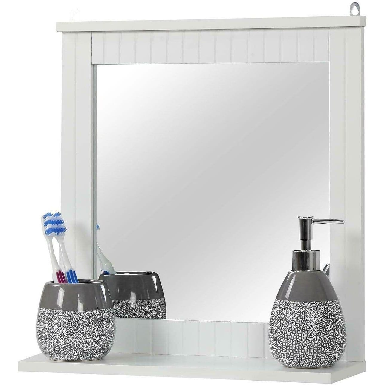 TEMU White Wall-mount Vanity Mirror With Shelf – Space-saving Wooden Frame Mirror For Bathroom Or Living Room Décor