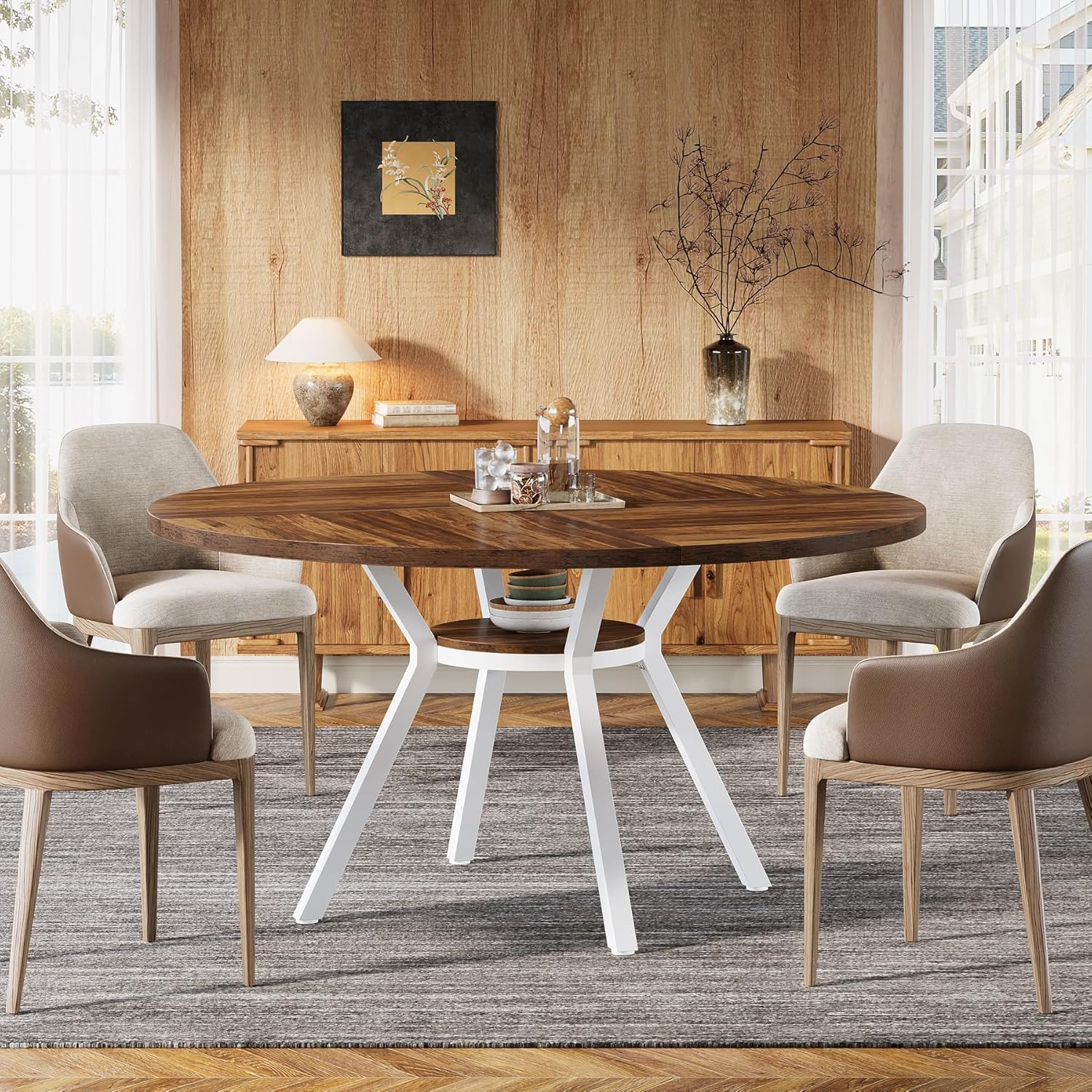 Modern Round Dining Table For , 120 Cm, Vintage Round Dining Room Table With Metal Base, Kitchen Table With Storage Compartment For Home, Dining Room, Living Room