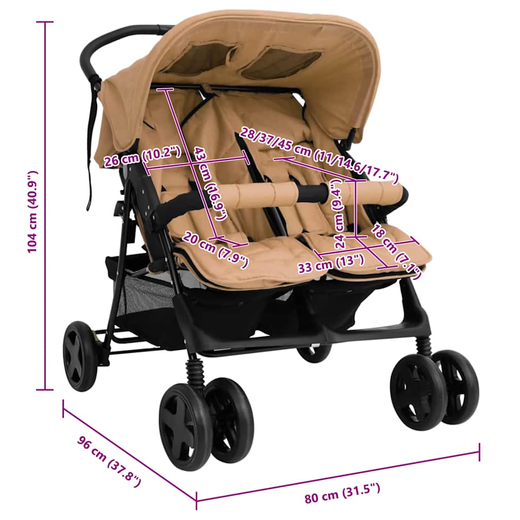 Taupe Stalen Dubbele Wandelwagen - Tweelingwagen, 2-Persoons Wandelwagen, Opvouwbare Wandelwagen, Lichtgewicht Wandelwagen, Wandelwagen Accessoires