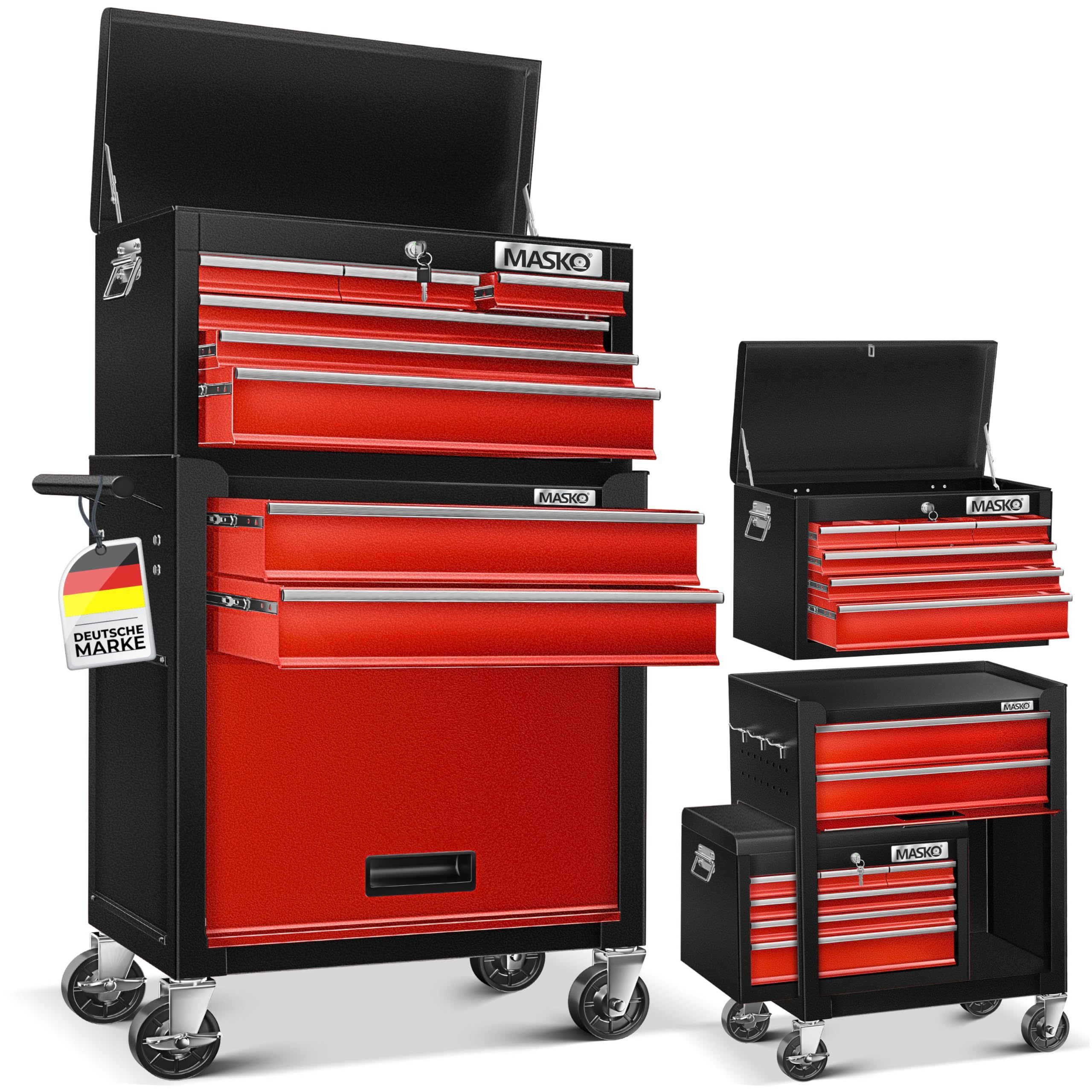 Image of Masko Lockable Workbench Cart With Tool Case, Mobile Metal Tool Cart, Rolling Cart With 9 Compartments And Lock For Workshop And Garage