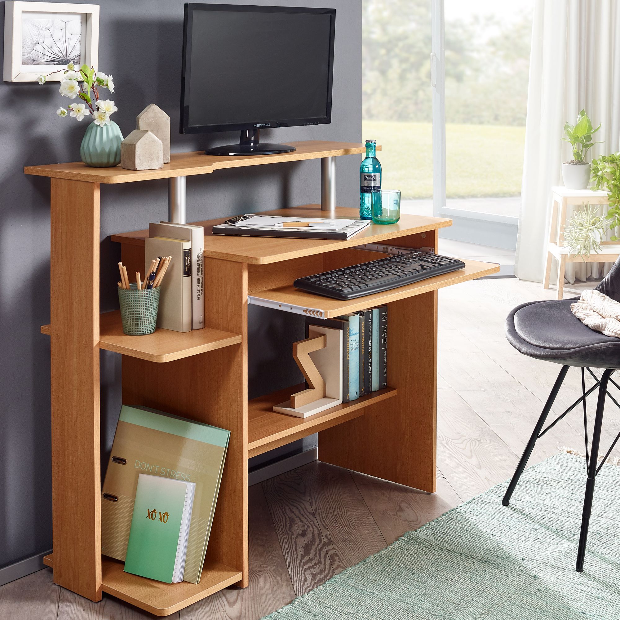 Computer Desk 94x90.5x48.5 Cm Modern Laptop Table With Keyboard Tray, Space- Pc Desk With Printer Shelf, Writing Desk For Small Rooms With Storage, Small Laptop Table