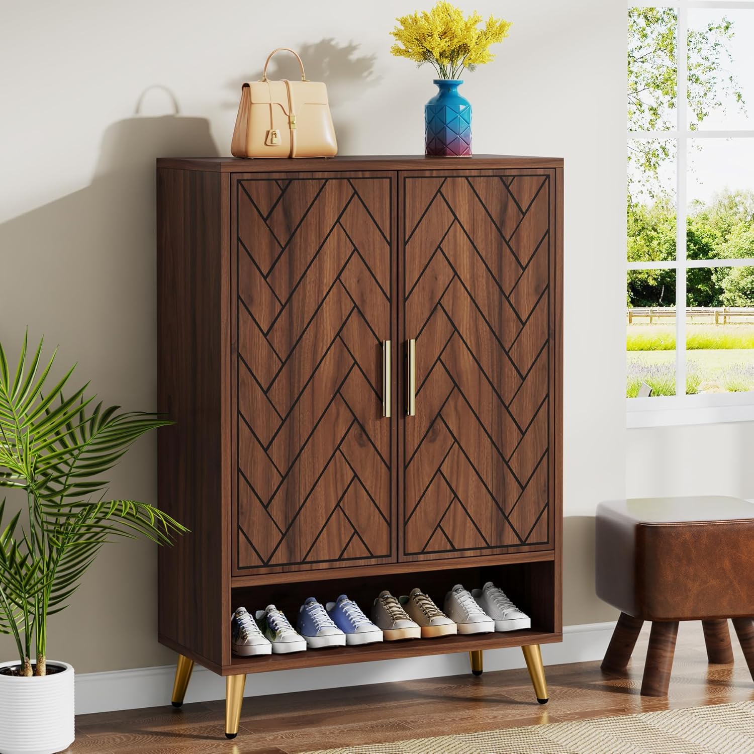 Image of -tier Shoe Cabinet With 2 Doors, 75 X 37 X 110 Cm, Shoe Rack For 25 Pairs Of Shoes Shelf, Shoe Slim Wooden Shelf Organiser For Entrance, Hallway Cabinet, Living Room, Bedroom (walnut)