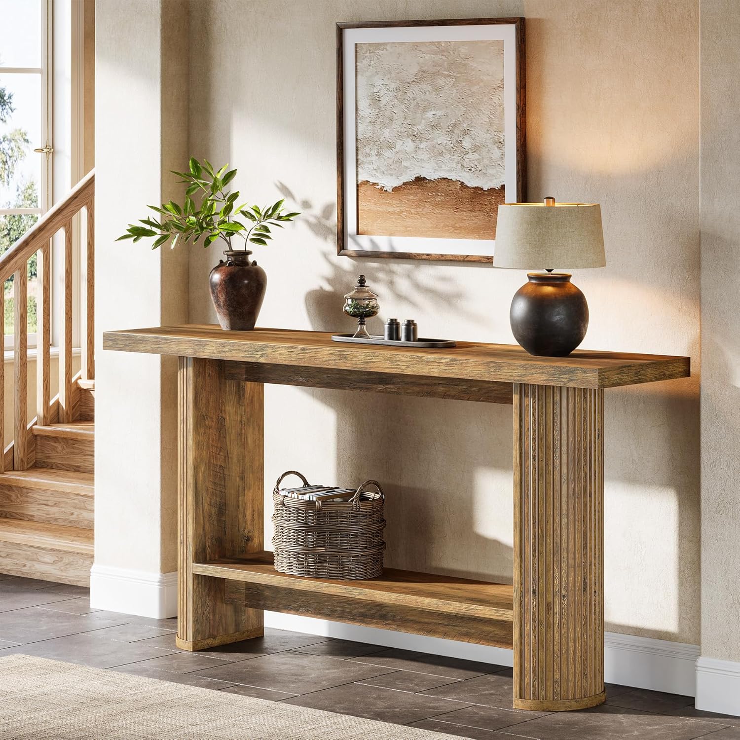 140cm Modern Console Table, Narrow Hallway Table With Storage Shelf, Wood Sofa Table For Living Room Entryway In Brown.