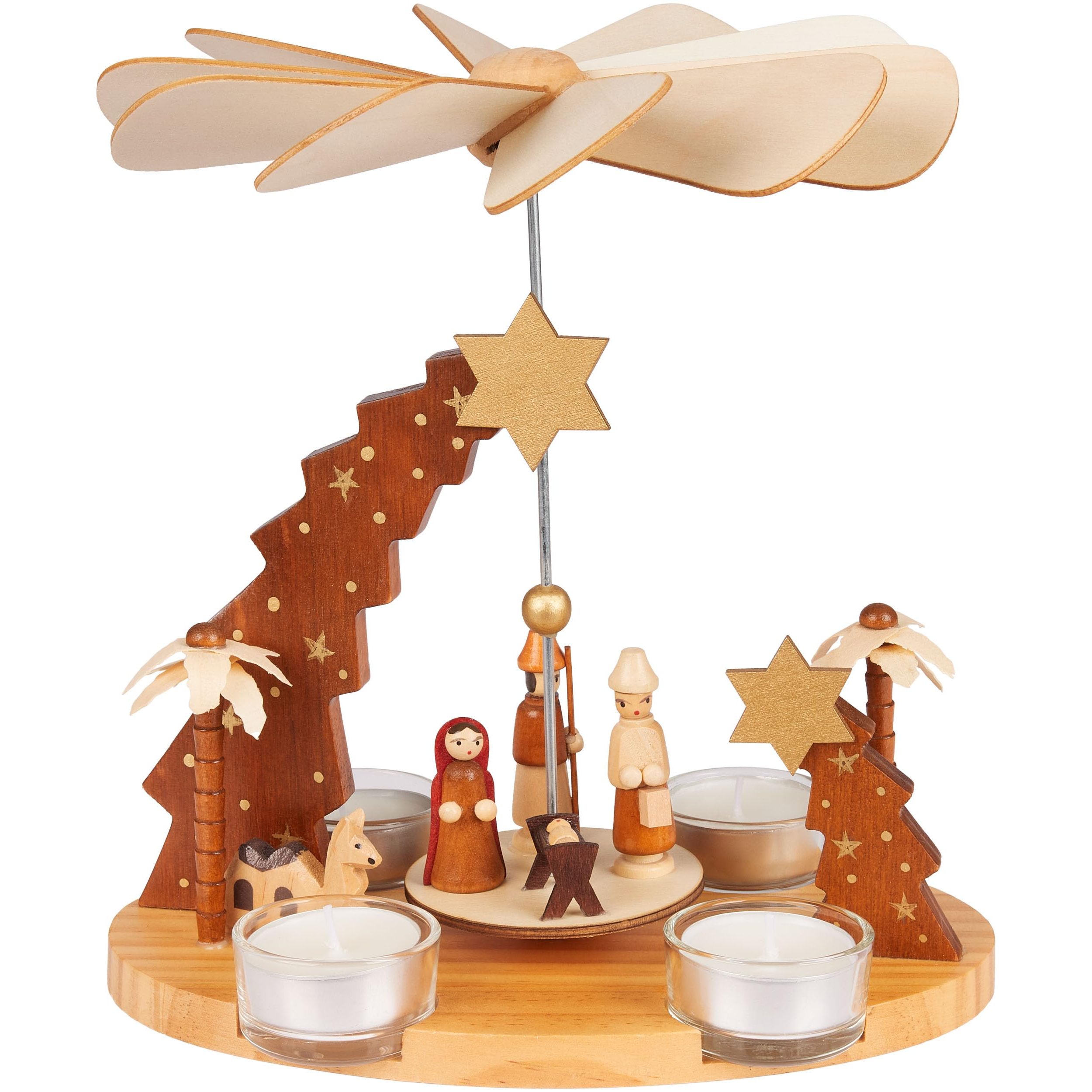 Image of Brubaker Wooden Christmas Pyramid - Star Of Bethlehem, Jesus, Mary, Joseph & Shepherd - 22 Cm Large Tealight Pyramid For Christmas - Rotating Table Pyramid For 4 Pyramid Tealights - Hand-painted