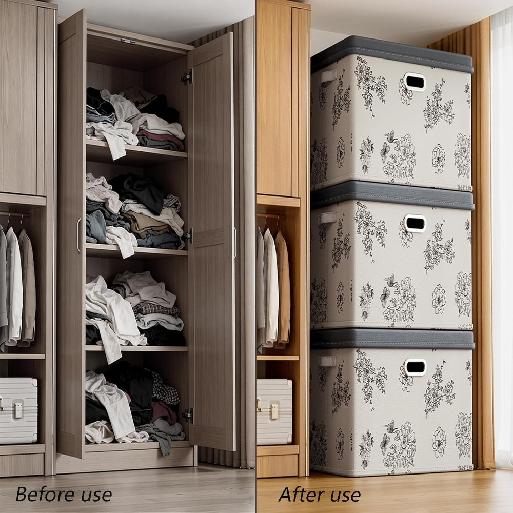 Decorative Foldable Fabric Storage Boxes with Lids, Closet Organizer