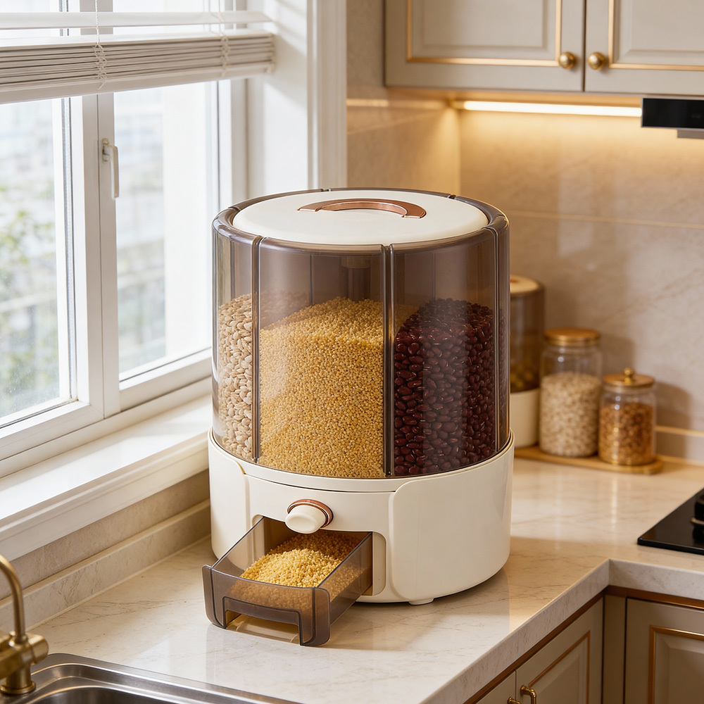 TEMU 360° Rotating Grain Storage Bin, 6-compartment Grain Storage Box, Detachable For , Thickened Transparent Storage Bin, Household Kitchen