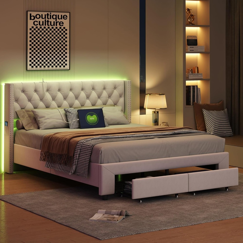 Christmas Decorations Ycz Bed With 2 Drawers, Led Headboard With Usb, Double Bed With Storage And Slatted Base, Functional Bed With Backrest And Bed Frame, Mattress Not Included, Stfchyhyh.f45sa6