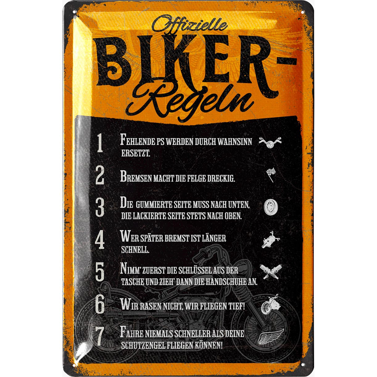 E-shop Retro Blechschild Biker-Regeln - Motorrad-Regeln - Geschenkidee für Männer und Biker - lustige Blechschilder Sprüche, Schild für Werkstatt und