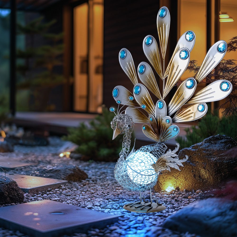 Image of Peacock Solar Decoration Light Solar Lamp Peacock Outdoor Light Solar Animal Figure, Metal Decorative Stones, Ip44, Led 0.06w, Lxbxh 38x21.3x56.8 Cm