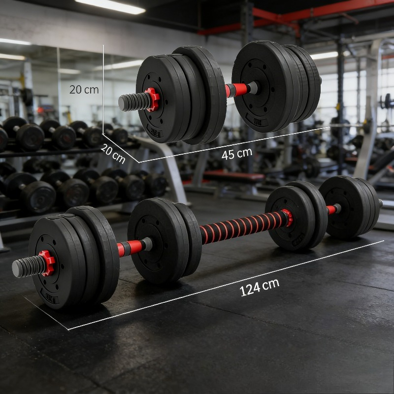 Korte halterset - Totaal 20 kg, 2-in-1 verstelbare gewichten met stangen inbegrepen