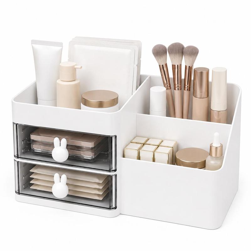 Image of Makeup Organizer White With 7 Compartments And 2 Drawers, Cosmetic Vanity Jewelry Box