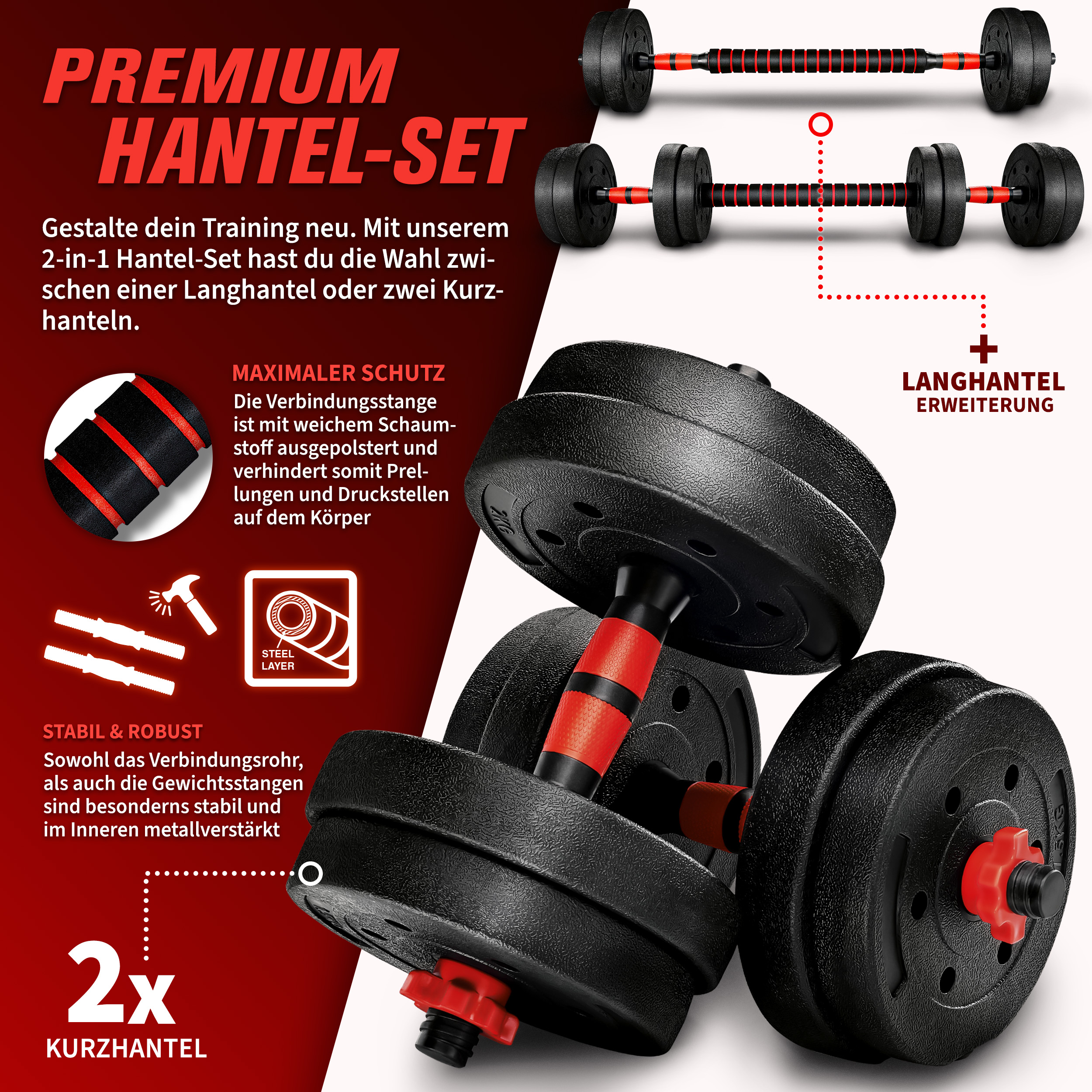RE:SPORT 2-in-1 Dumbbell Set 20 kg | Verstelbare Dumbbell Set | Korte Dumbbell & Lange Dumbbell | Sterluchtingen & Verbindingsbuis