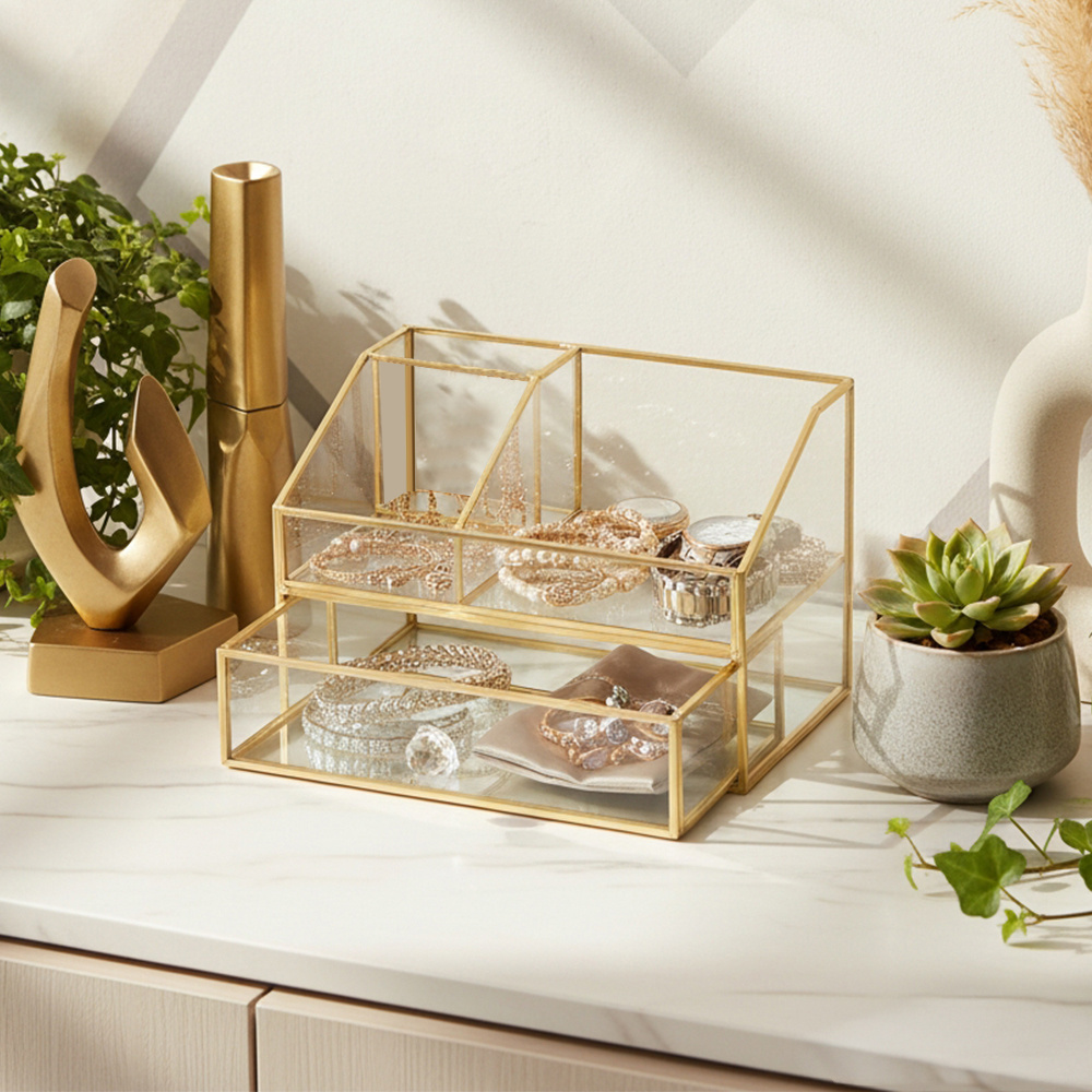 Double Layer Cosmetics Jewelry Box with Earring Organizer