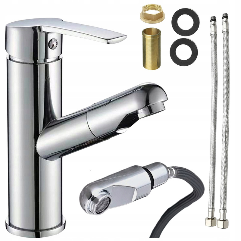 Image of Pull-out Basin Faucet With Flexible Hose, Chrome Finish