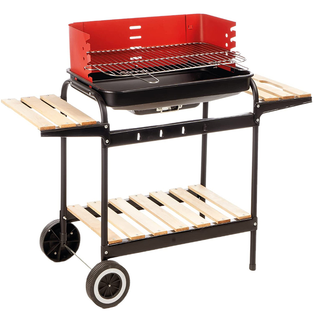 Image of Charcoal Barbecue Trolley In Metal And Wood Portable Bbq Brazier With Shelves