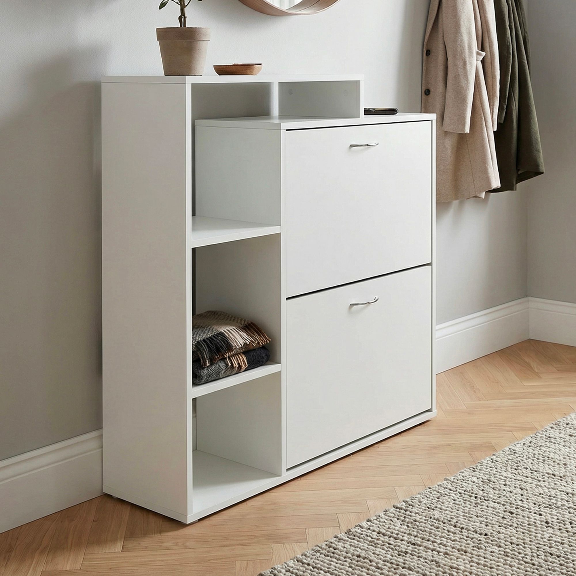 Image of Modern Wooden Shoe Rack 2 Compartments White 12 Pairs Of Shoes, Shoe Cabinet 85 X 24 X 93 Cm, Hallway Shoe Cabinet With Shelf - Shoe Rack