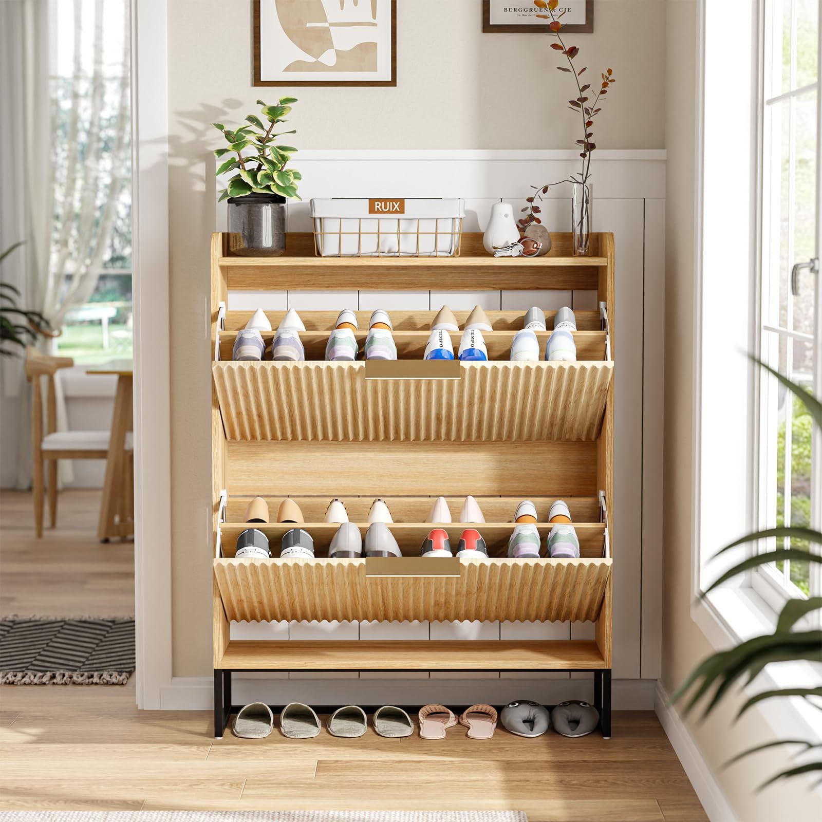 Bonnlo Shoe Cabinet With 2 Flaps, Shoe Rack With Ribbed Doors, Narrow Shoe Stool, Shoe Storage For Hallway, Entryway, Living Room, Bedroom, 80x24x101.3cm, (oak)