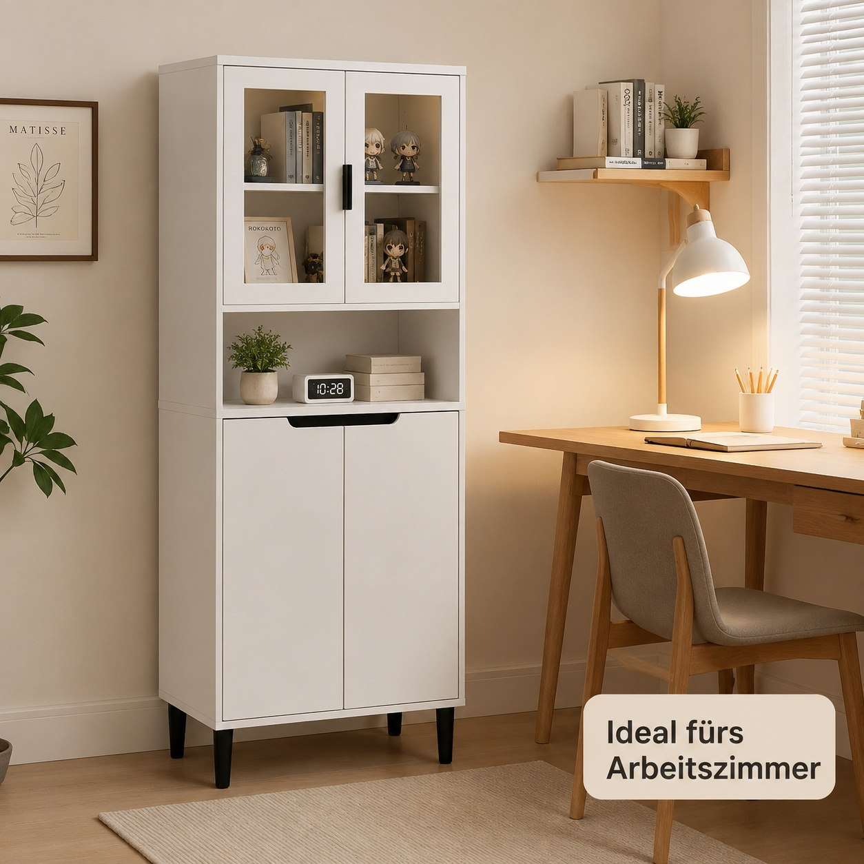 Modern Minimalist White Dining Room Storage Cabinet, High Cabinet With Glass Doors For Room Office