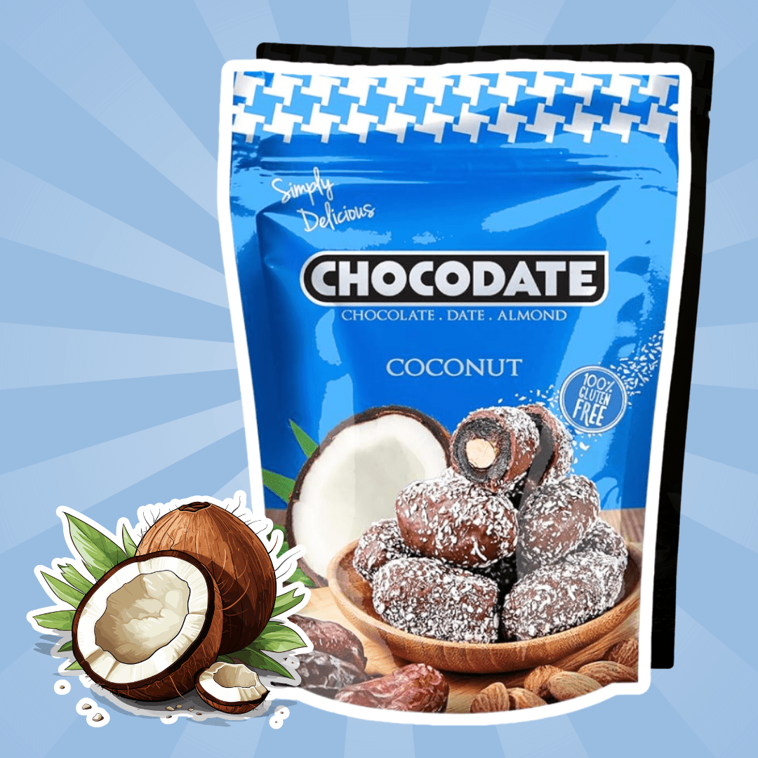 E-shop Chocodate Coconut Flavor – Datteln mit Milchschokolade, Mandeln & Kokos (90 g)