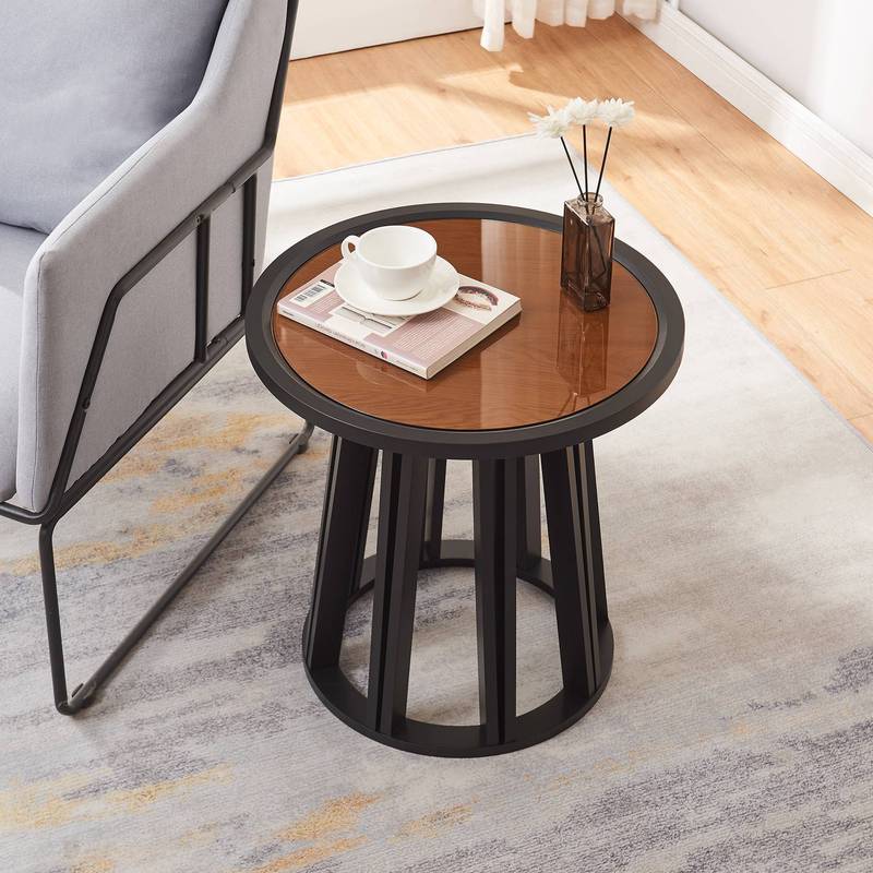Side Table Nightstand 51x51 Cm With Bamboo Frame, Round Tabletop, Black/walnut Finish