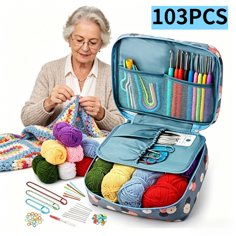 103pcs diy crochet kit   yarn hooks knitting needles   markers and accessories beginners starter kit multi purpose home crafting tools with portable storage bag