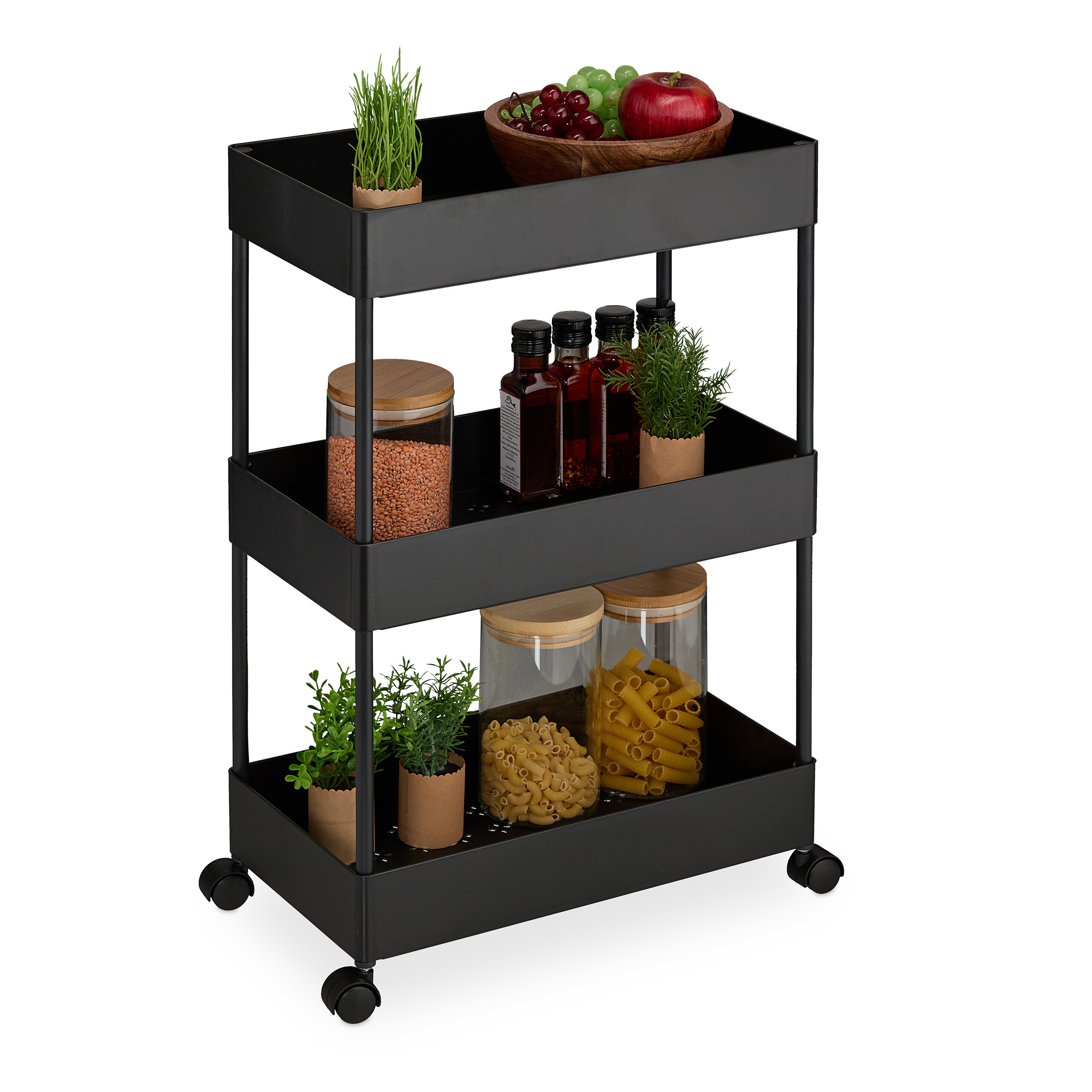 Black Rolling Cart - (w)39.5 X (h)65 X (d)21.5 Cm