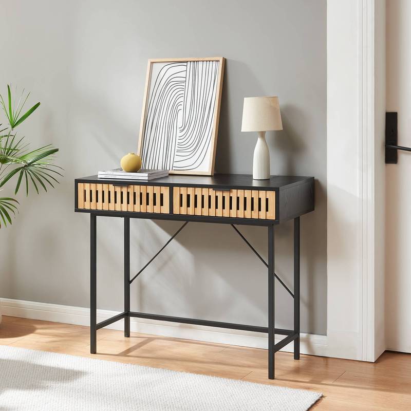 Console Table Luniehti Side Table With 2 Drawers, 100 X 40 X 75 Cm, Metal Frame, Black/natural