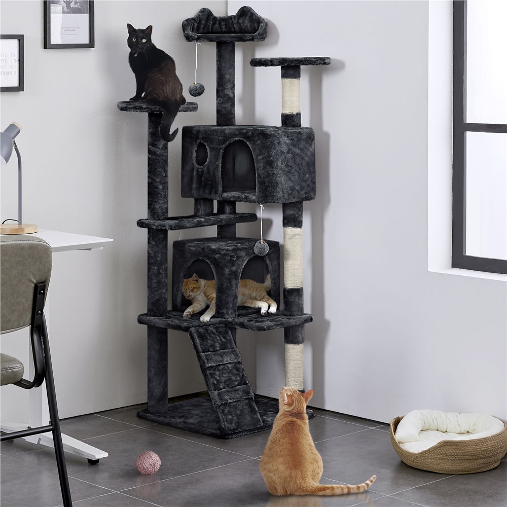Image of Costoffs Cat Tree 158 Cm With 2 Cat Caves, 3 Viewing Platforms, 1 Ladder, 3 Sisal Posts, And 2 Hanging Plush Balls