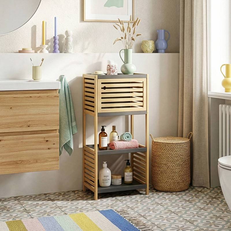 Image of Kydesby Bathroom Shelf With 1 Door And Open Compartments, Bamboo Natural/gray