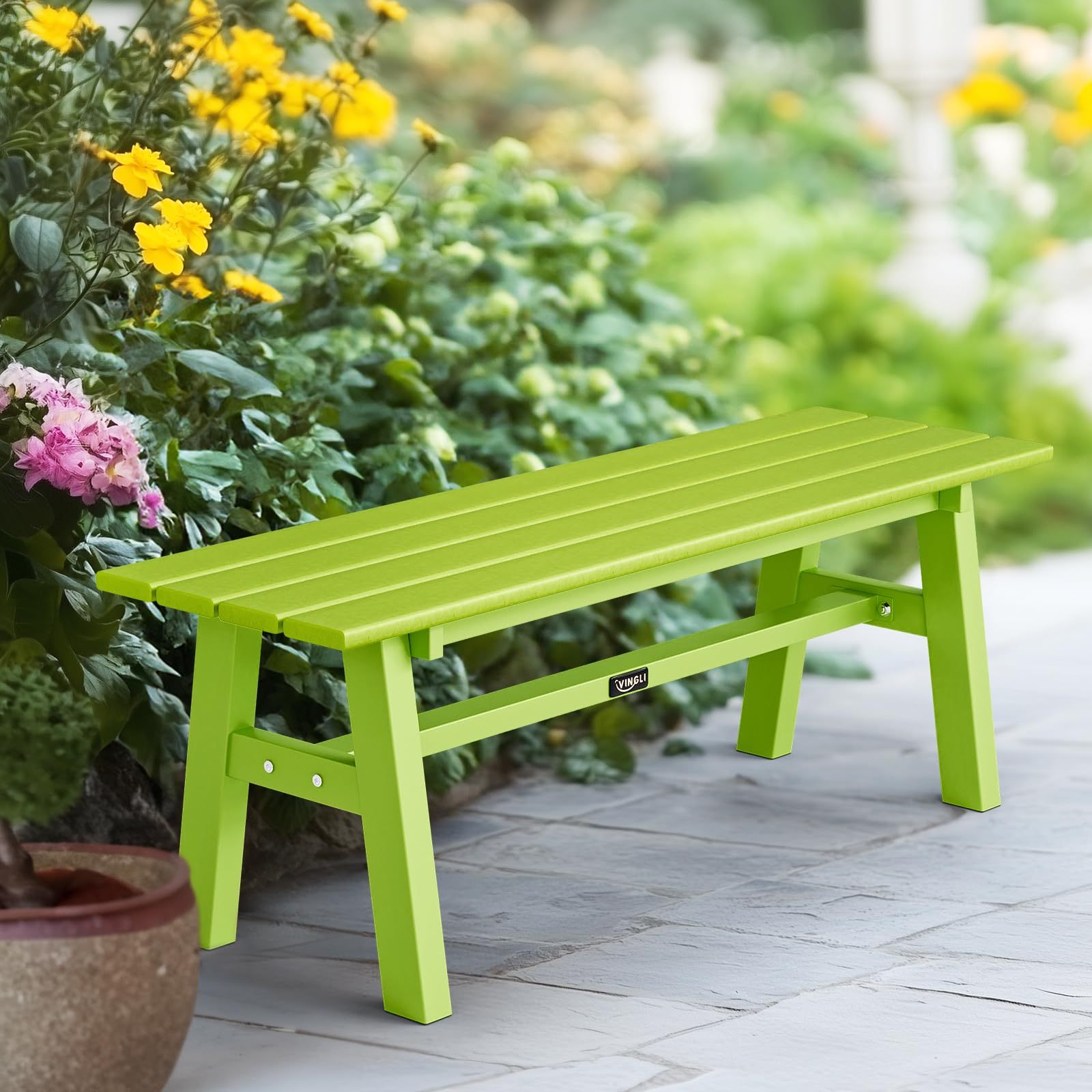 Image of Bonnlo Hdpe Bench, Weather-resistant Garden Bench With Metal Legs, Dining Bench Without Backrest, Garden Furniture Supports Up To 300kg, Modern Bench For Garden, Hallway, Dining Room, 118cm (green)