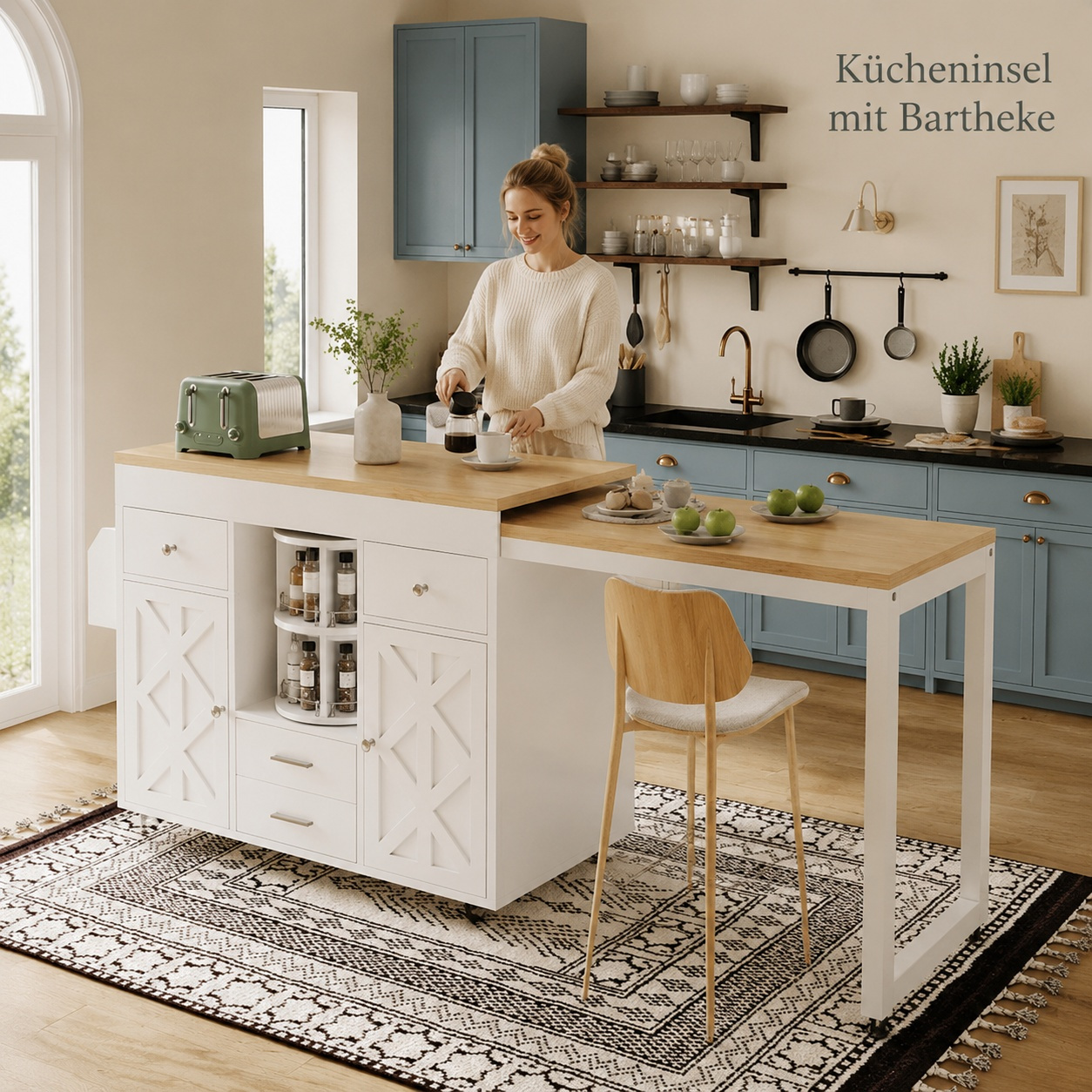 Image of 180*40*91cm Rollable Kitchen Island With Bar Counter, Kitchen Cabinet With Natural Wood Worktop And Storage Space For Small Apartments & Open Kitchens