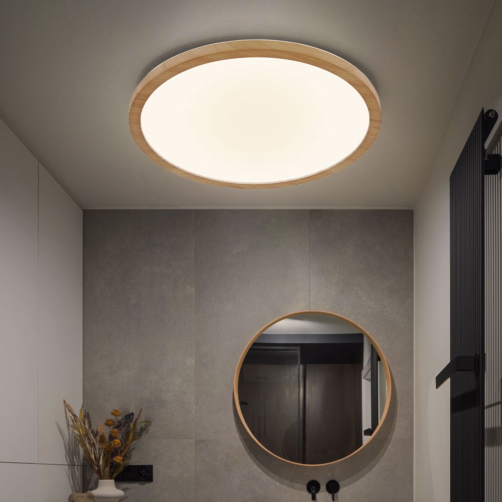 Image of Bathroom Ceiling Light, Wood Look Dimmable Bathroom Lamp, Backlight, 1x Led 18w 1600lm Warm White, Dxh 29.4x2.5 Cm