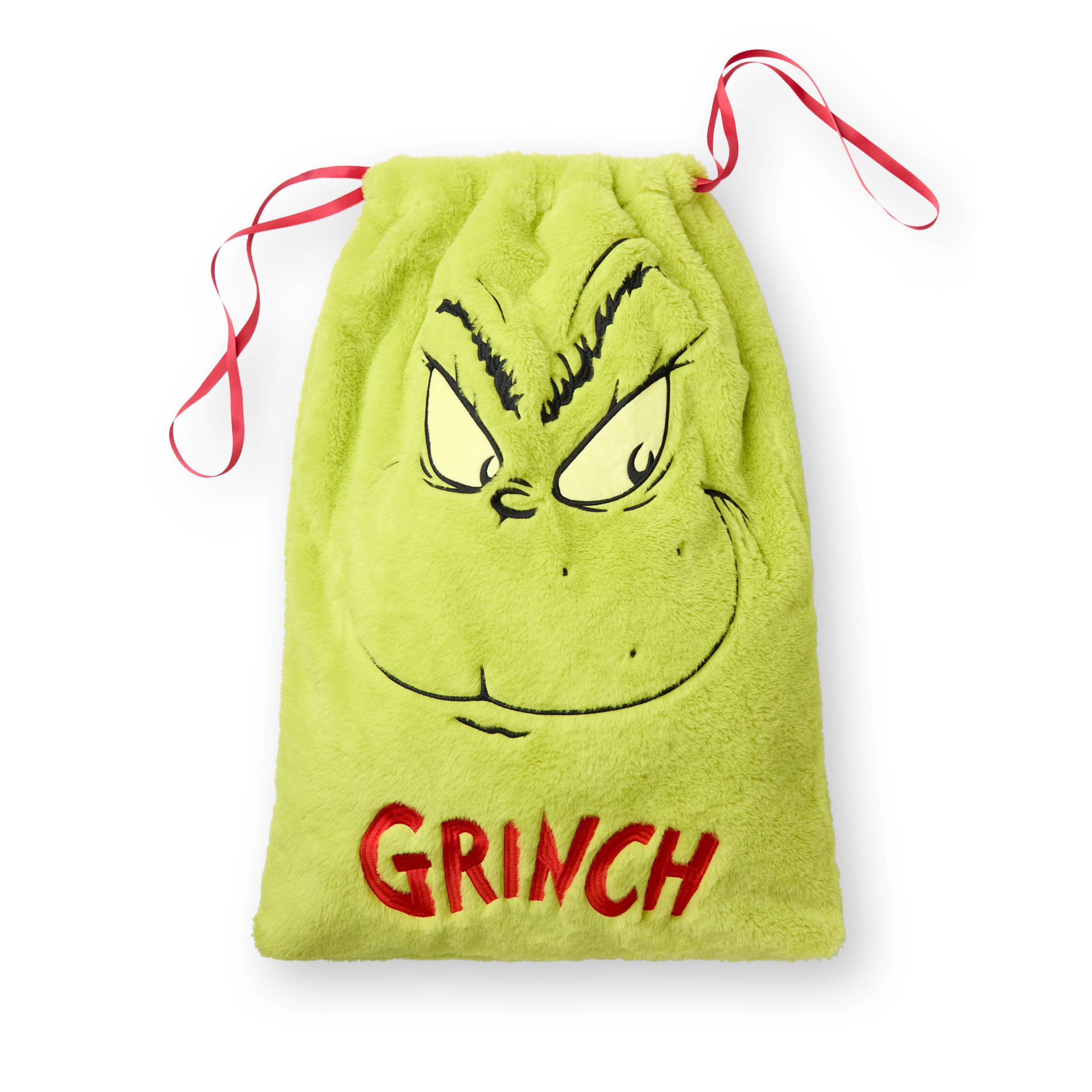 TEMU The Present Sack | Soft Plush Embroidered Multipurpose Christmas Theme Pouch | Green Festive Whoville Drawstring Gift Bag | Seasonal Xmas Gift