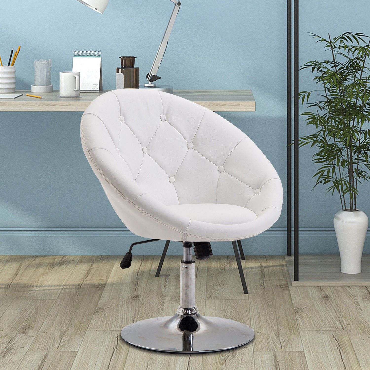 Office Chair Swivel Chair With Chrome-plated, Height-adjustable, Artificial Leather + Steel, , 71x59x78-90cm (white)
