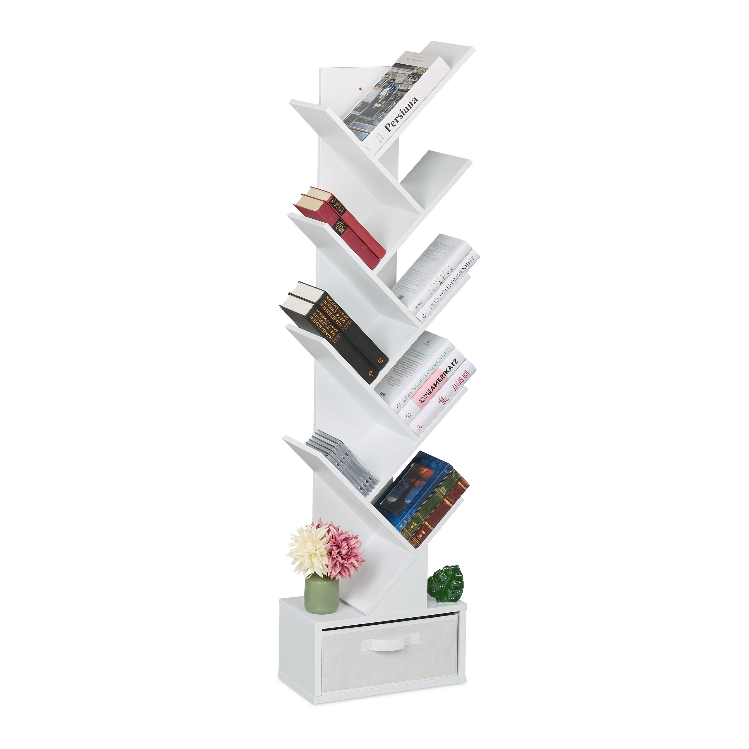 Image of Bookshelf Tree Shape, , 146 X 38 X 22 Cm, Chipboard With Non-woven Fabric And Paper, White, Drawer, Wall Mounting, For Living Room, Bedroom And Study, Media Shelf, Standing Shelf, , Relaxdays