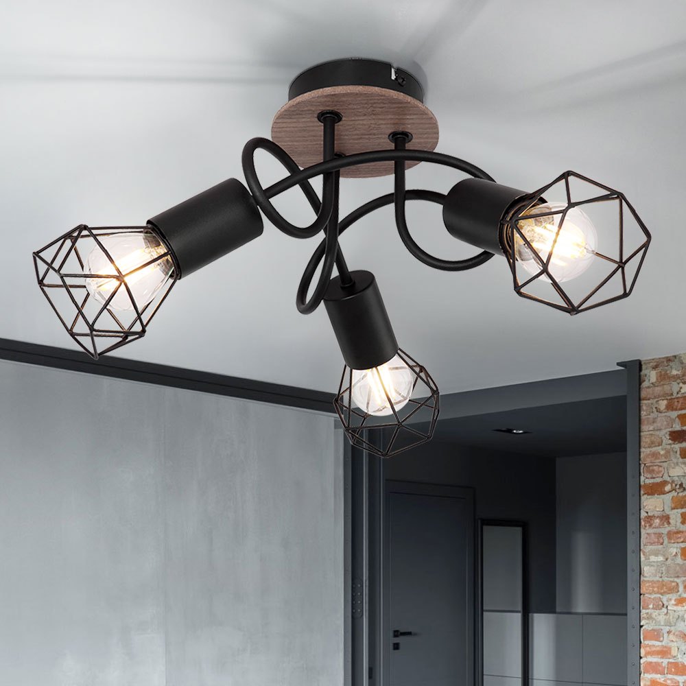 Image of Vintage Ceiling Spot Light, Round Ceiling Spotlight For Living Room, 3-arm Metal Black Fixture, Adjustable Spotlights, Metal Mesh And Wood, 3x E14 Sockets, Dxh 38x21 Cm