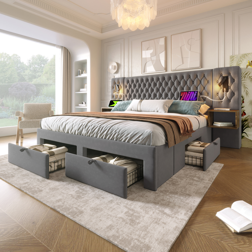 Image of 180×200 Cm Vintage Bed - Grey Velvet Upholstery, Wooden Headboard, 4 Drawers + 2 Bedside Tables, Eva Anti-noise Strips, Without Mattress, For Small & Large Bedrooms