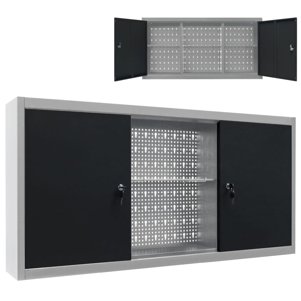Vidaxl Industrial Wall-mounted Tool Cabinet With 3 Perforated Shelves, Metal Locker, Workshop Cabinet, Grey Black