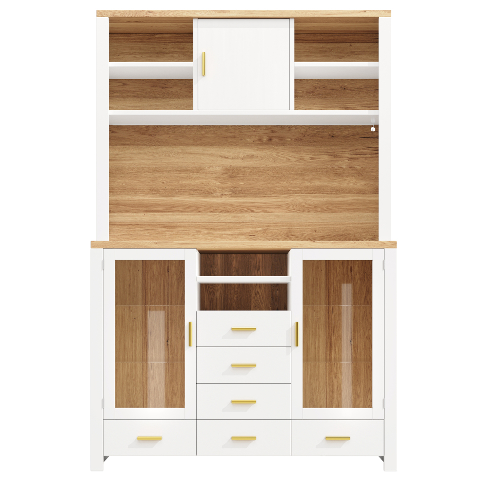 Image of Tall Buffet 120x40x180cm With Drawers, Glass Shelves & Anti-tip System For Kitchen & Living Room