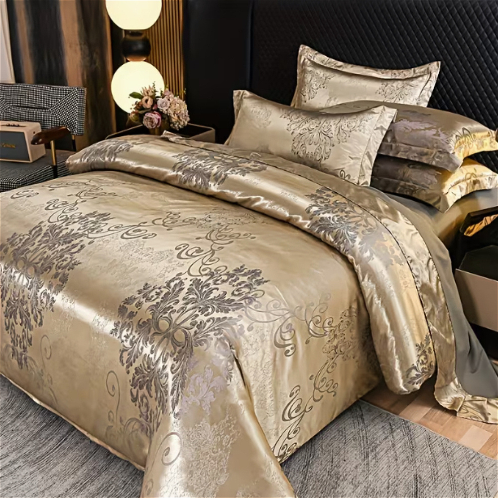 TEMU Luxury Champagne Gold Satin Jacquard Bedding 3pcs Set, Smooth, Soft, And Skin-friendly Duvet Cover And Pillowcases, Suitable For , Machine