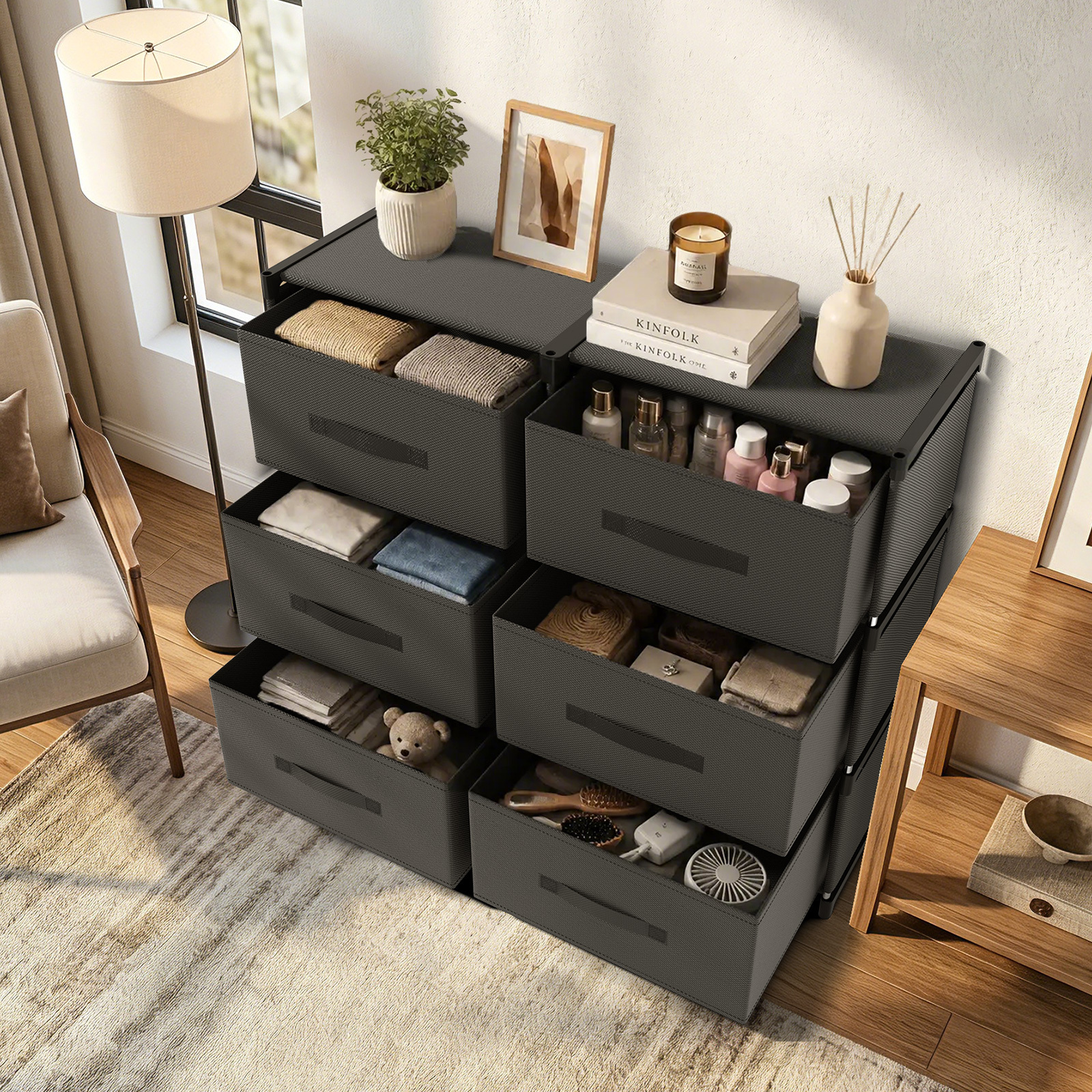 Image of Lingsen 1pc Dresser With 4/6 Removable And Foldable Drawers, Fabric Storage Furniture, Stable Metal Frame, Suitable For Bedroom, .