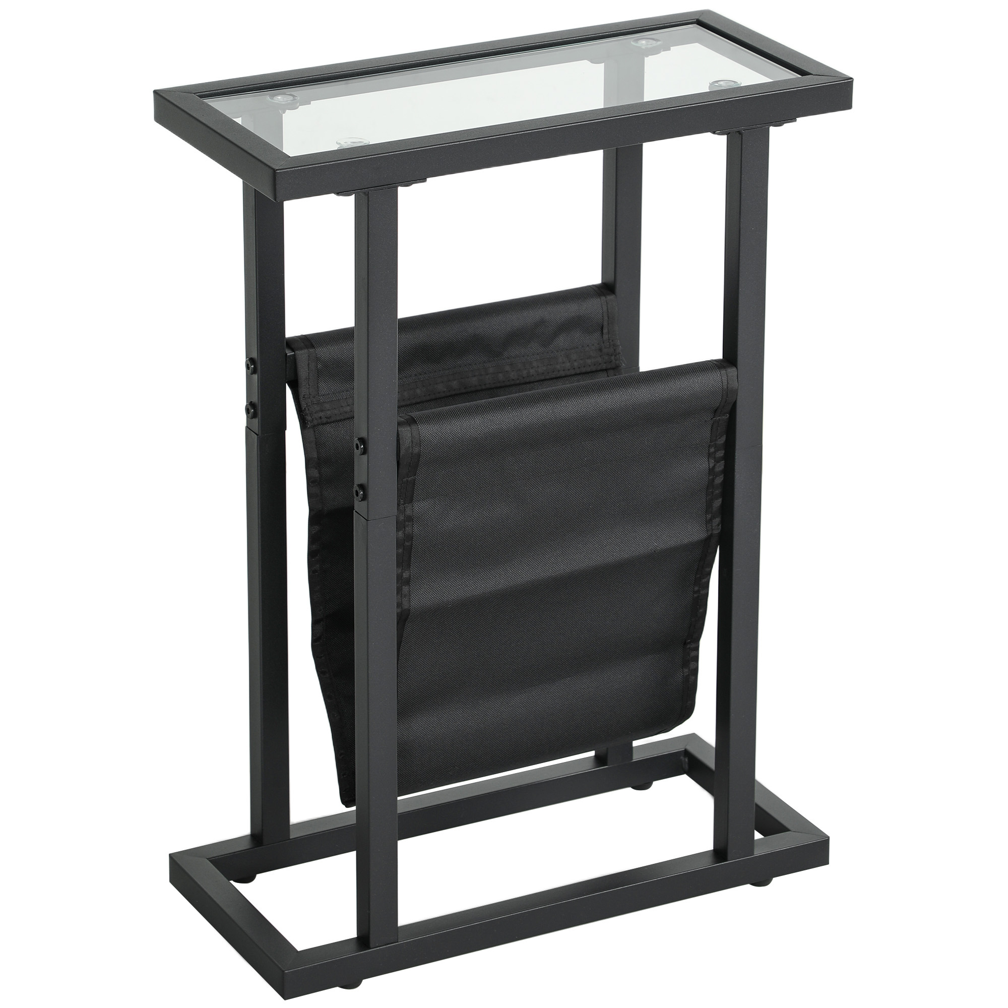 TEMU Homcom Narrow Metal End Table With Magazine Holder And Tempered Glass Top, For Living Room Or Bedroom, 40 X 18 X 55.5 Cm, Black