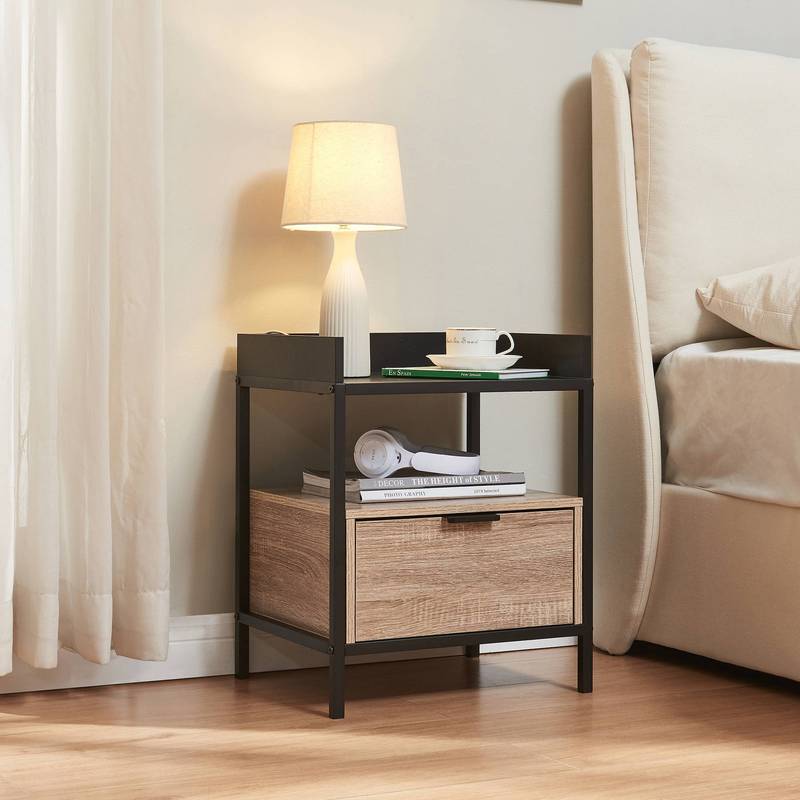 Nightstand Side X 40 X 35 Cm With Drawer, Metal Frame, Black/oak Finish