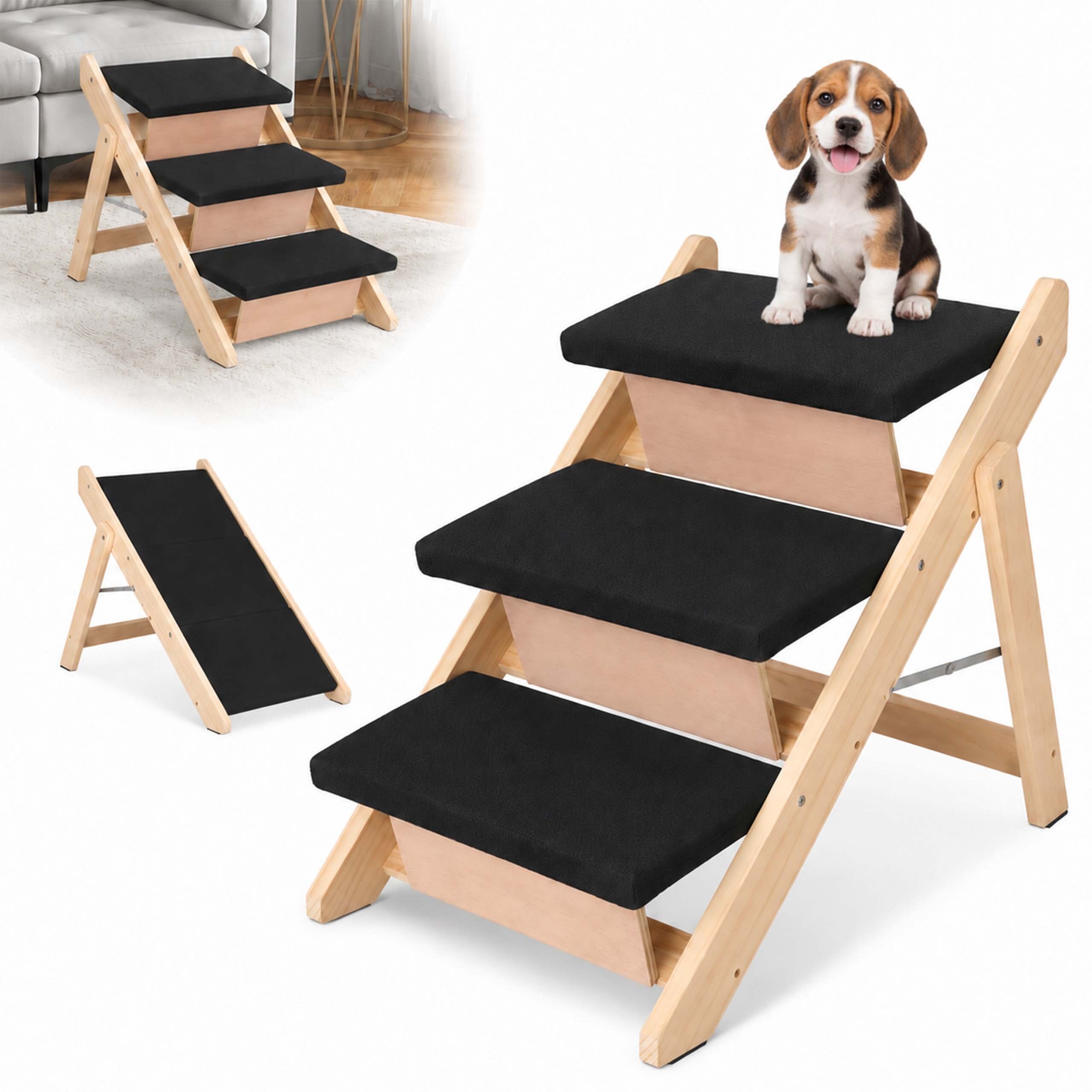TEMU 2-in-1 Dog Stairs, 3-step, Foldable, Pine Wood, Plywood, Polyester, And Steel, 56 X 61.5 X 44 Cm, Load Capacity Up To 50 Kg, Natural/black, For